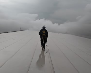 a man in a black jacket walking on a snowy day