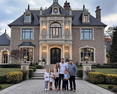 a family in front of large house