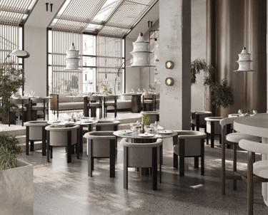 a restaurant with a large open space with a large window