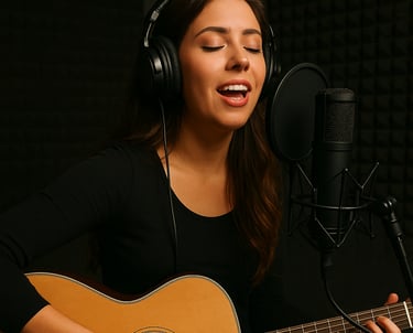 a woman in a black top and headphones on a microphone