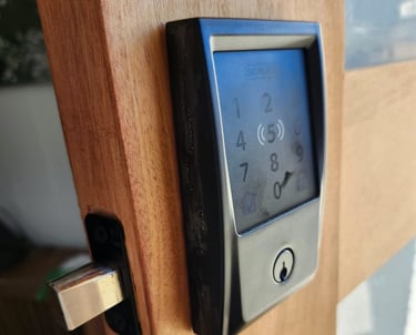 Close up of keypad lock on a house door representing local locksmith of Spruce Pine, NC