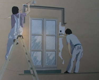 a man painting a mural of a man on a ladder