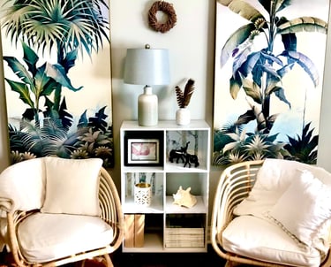 tropical pictures and rattan chairs in an office