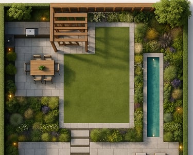 a plan of a garden with a pool and a patio | Nour Nagy Designs