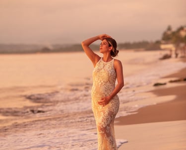 una mujer embarazada en la playa, viendo el atardecer