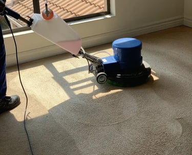 Limpeza de carpete em Campinas - máquina rotativa com reservatório aplicando solução de limpeza sob luz natural.