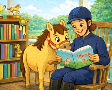 Cartoon Illustration von Pancake und der Ponytante beim lesen von Pferdebüchern