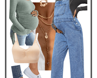 Collage of cozy maternity denim overalls styled with sneakers, top, nursing bra, necklace, earrings