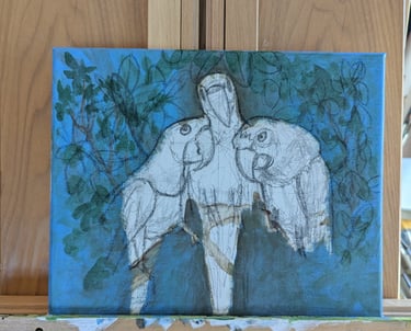 Progress photo of a sketched painting being painted while on a tall wooden easel in front of a bright window.