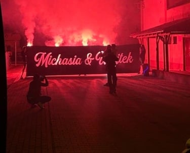 baner weselny z imionami nowożeńców ślub fajerwerki