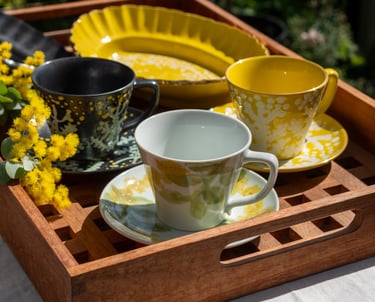 a tray with a tray of tea cups and a tray with a cup of coffee