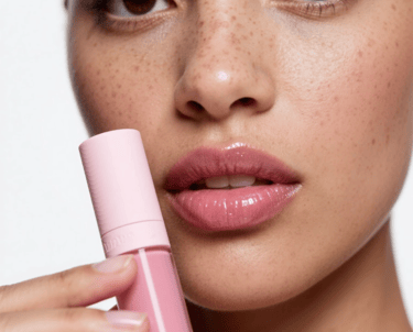 Woman wearing pink lip gloss