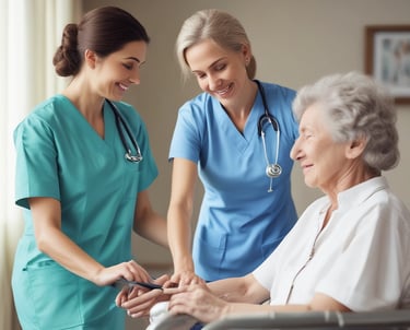 A friendly caregiver assisting an elderly woman with a warm smile in a bright, cozy living room.