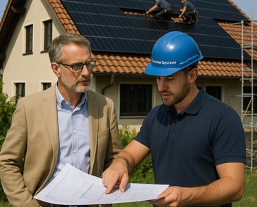 Zwei Männer stehen vor einem Haus mit Solarpaneelen.