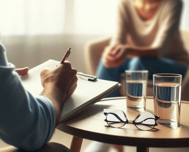 Ein Therapeut und eine Frau sitzen in einem Therapieraum und machen Therapie