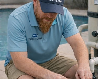 True Flow technician performing pool equipment repair in Georgetown, Texas.