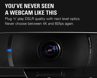 Detalle de lente y diseño de cámara web 4K para creadores: controles manuales, FOV ajustable