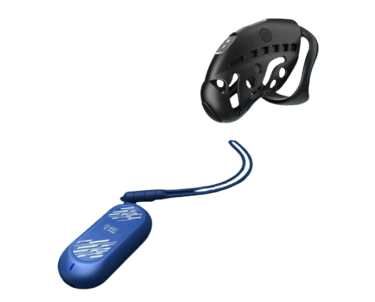 a picture of a black chastity cage next to a blue lockbox