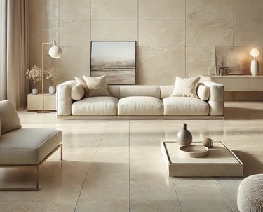 Trawertyn na ścianie w salonie jasny ivory Bianco odcień włoski kamień naturalny