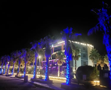 Beleuchtete Palmen in Novalja, Kroatien
