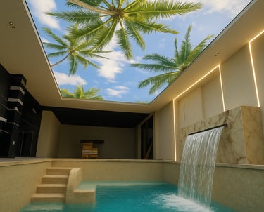 techo tensado retroiluminado en piscina interior moderna