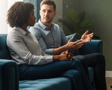 a man and woman sitting on a couch in a living room
