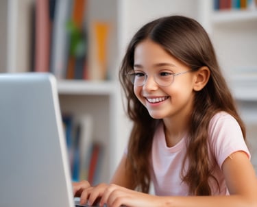 a young girl is smiling and looking at the camera