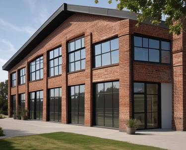 A group of people dressed in formal attire are standing in front of a real estate office. The storefront displays a large sign with an URL and various social media icons, and text in a foreign language. The group mostly consists of men in white shirts and dark trousers, standing in a straight line, with two women at either end of the row.