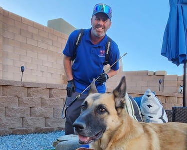l and m pest control service technician with client dog