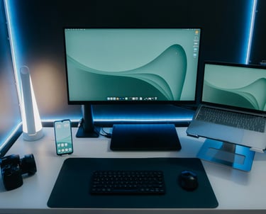 a desk with a laptop and a monitor screen