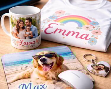 Custom personalized gifts including a photo mug, printed t-shirt, dog mousepad, and heart keychain.