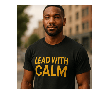 Black man wearing Lead With Calm T-shirt for Table Theory