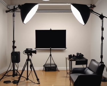 A dimly lit setting featuring two individuals working with film equipment, including a large camera on a tripod and lighting equipment. The environment suggests a focus on film production or cinematography.