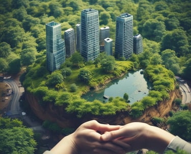 A professional consultant discussing sustainability strategies with a client in a modern office.