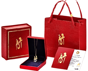 A red gift box containing a delicate gold necklace
