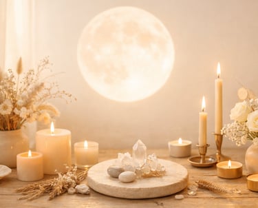 Altar de luna llena con velas y flores, ambiente cálido