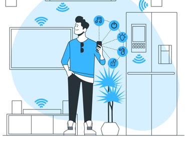 a man holding a mobile phone connecting to wireless devices in his smart home