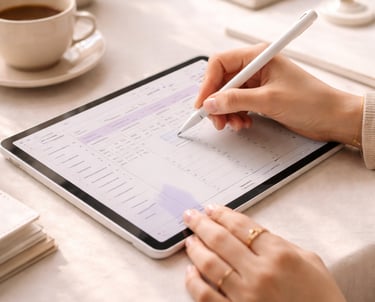 Mains créant un produit digital sur tablette, comme un planner ou un template.