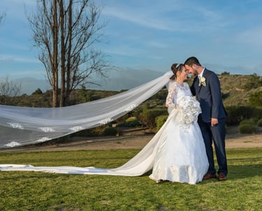 a bride and groom kissing in a field