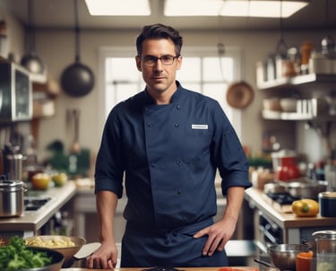 um chef de cozinha com dolma em pé em uma cozinha