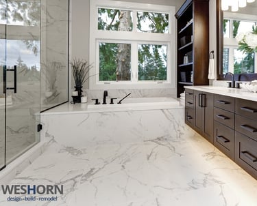 Modern bathroom with walk‑in glass shower, large vanity, and contemporary tile design