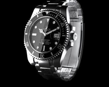 A rendering of a black and stainless Rolex Submariner mens watch
