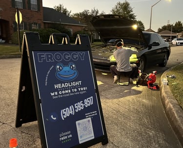 froggy headlight restoration advertising sign and working on a clients vehicle