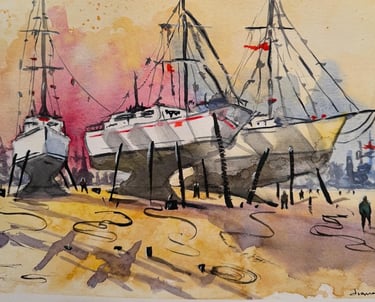 a painting of boats out of the water, ready for maintenance and reparation