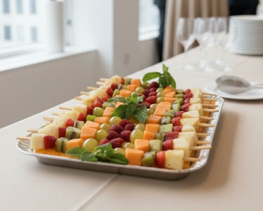 a tray of fruit on a table with a tray of fruit