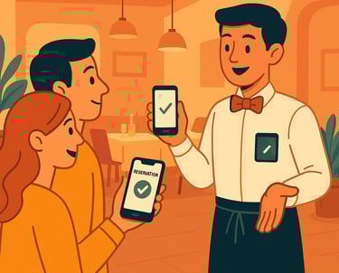 Ilustración en Hostelería, camarero validando la reserva Dighoreca a unos clientes