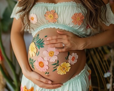 Mujer embarazada tocandose el vientre cubierta de flores