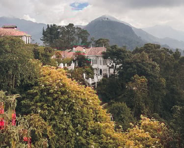 Colonial white house in the mountains of Bogota, Colombia, South America