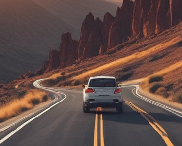 A car on a scenic road representing auto insurance.