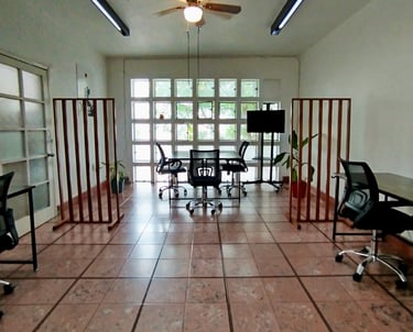 a office with a ceiling fan and a ceiling fan